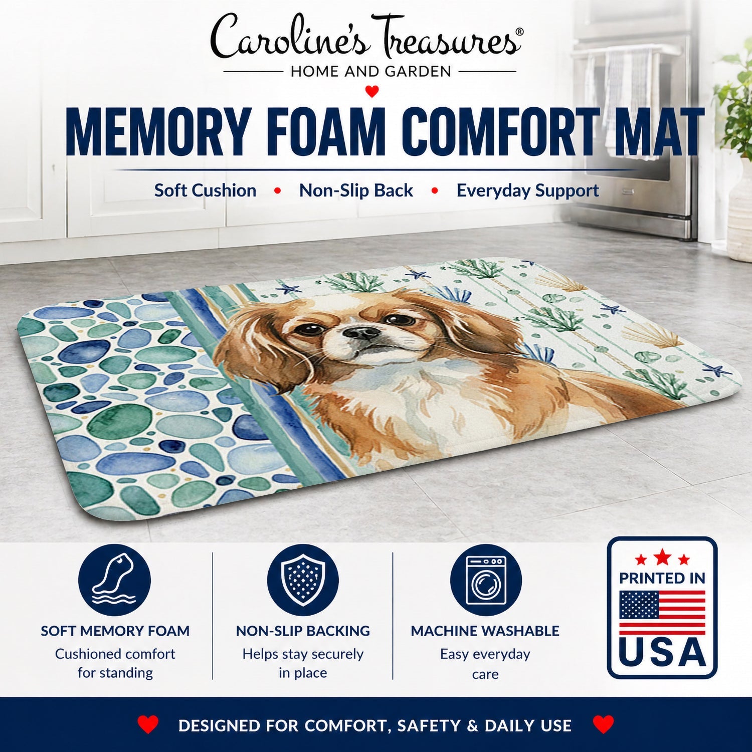 Tibetan Spaniel Coastal Sea Glass Memory Foam Kitchen Mat Machine Washable Anti-Fatigue Cushion Comfort Bath or Kitchen Rug