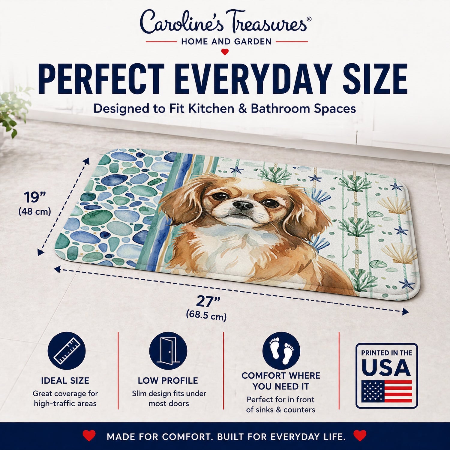 Tibetan Spaniel Coastal Sea Glass Memory Foam Kitchen Mat Machine Washable Anti-Fatigue Cushion Comfort Bath or Kitchen Rug