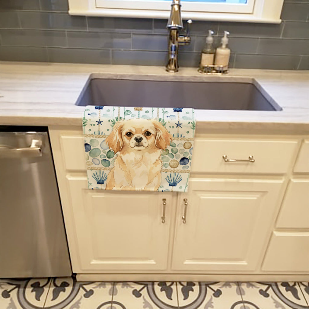 Cream Tibetan Spaniel Coastal Sea Glass Kitchen Towel Velour Plush Front and Cotton Loop Back Machine Washable