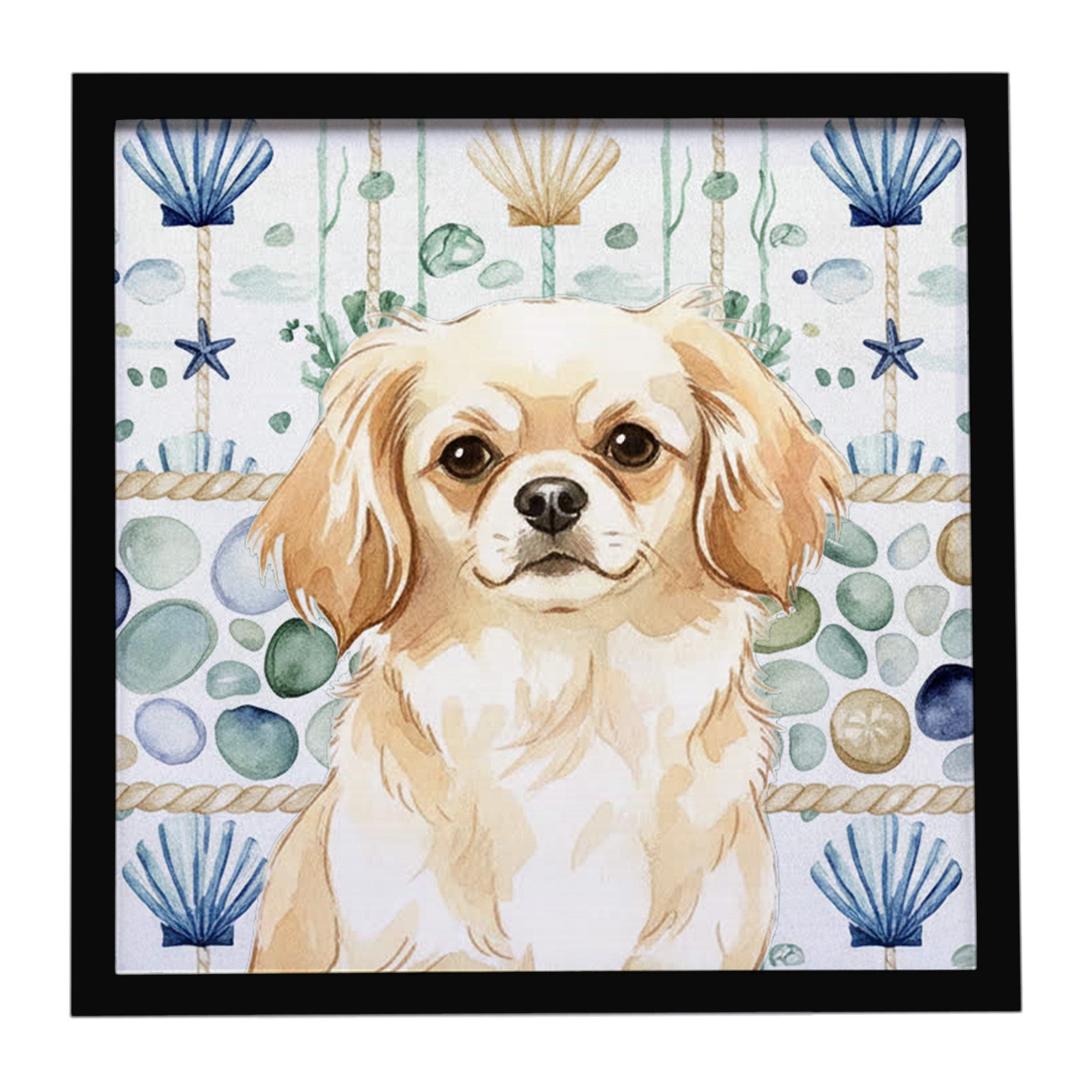 Cream Tibetan Spaniel Coastal Sea Glass Framed Metal Print Bathroom, Kitchen, Office, Home Decor Wall Art Ready to Hang, Square, 8X8