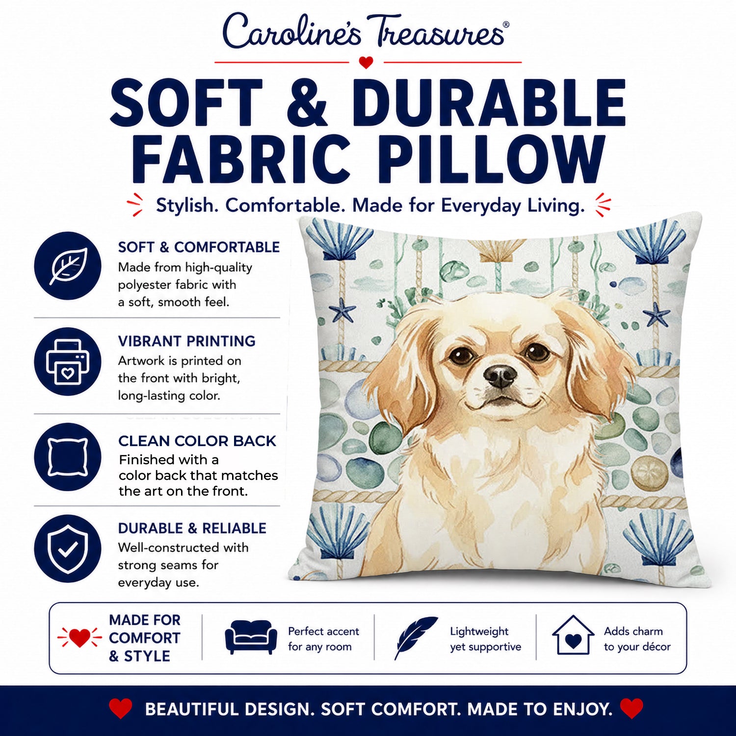 Cream Tibetan Spaniel Coastal Sea Glass Decorative Throw Pillow 14x14 Indoor Outdoor Accent Cushion, Fabric Cover with Insert for Sofa, Bed, Porch & Living Room