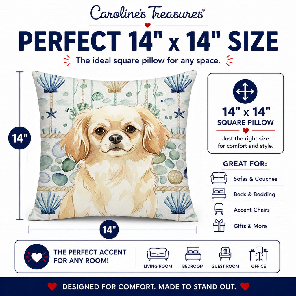 Cream Tibetan Spaniel Coastal Sea Glass Decorative Throw Pillow 14x14 Indoor Outdoor Accent Cushion, Fabric Cover with Insert for Sofa, Bed, Porch & Living Room