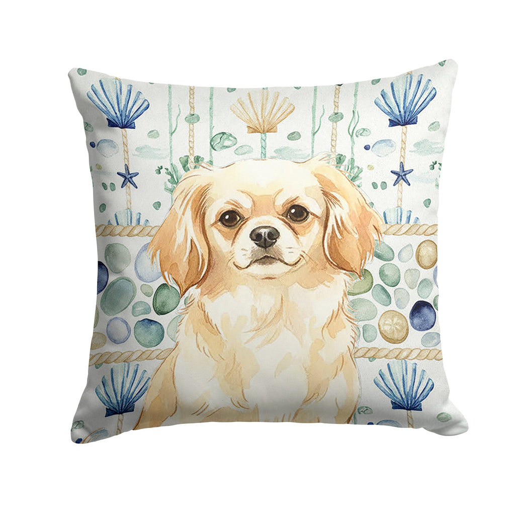 Cream Tibetan Spaniel Coastal Sea Glass Decorative Throw Pillow 14x14 Indoor Outdoor Accent Cushion, Fabric Cover with Insert for Sofa, Bed, Porch & Living Room