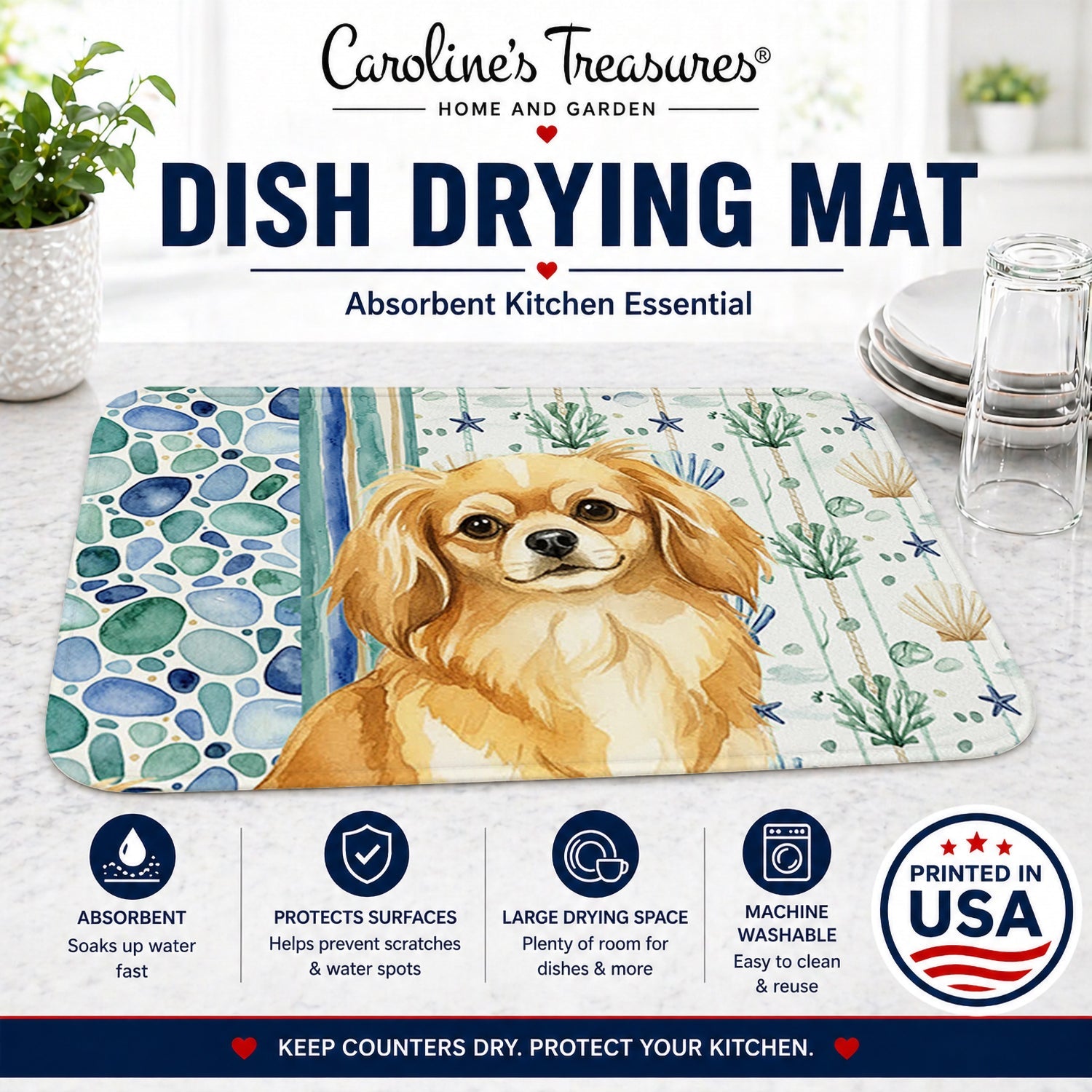 Gold Tibetan Spaniel Coastal Sea Glass Dish Drying Mat Absorbent Dish Drying Mat Pad for Kitchen Counter Dish Drainer Mat for Countertop, 14 x 21", Multicolor