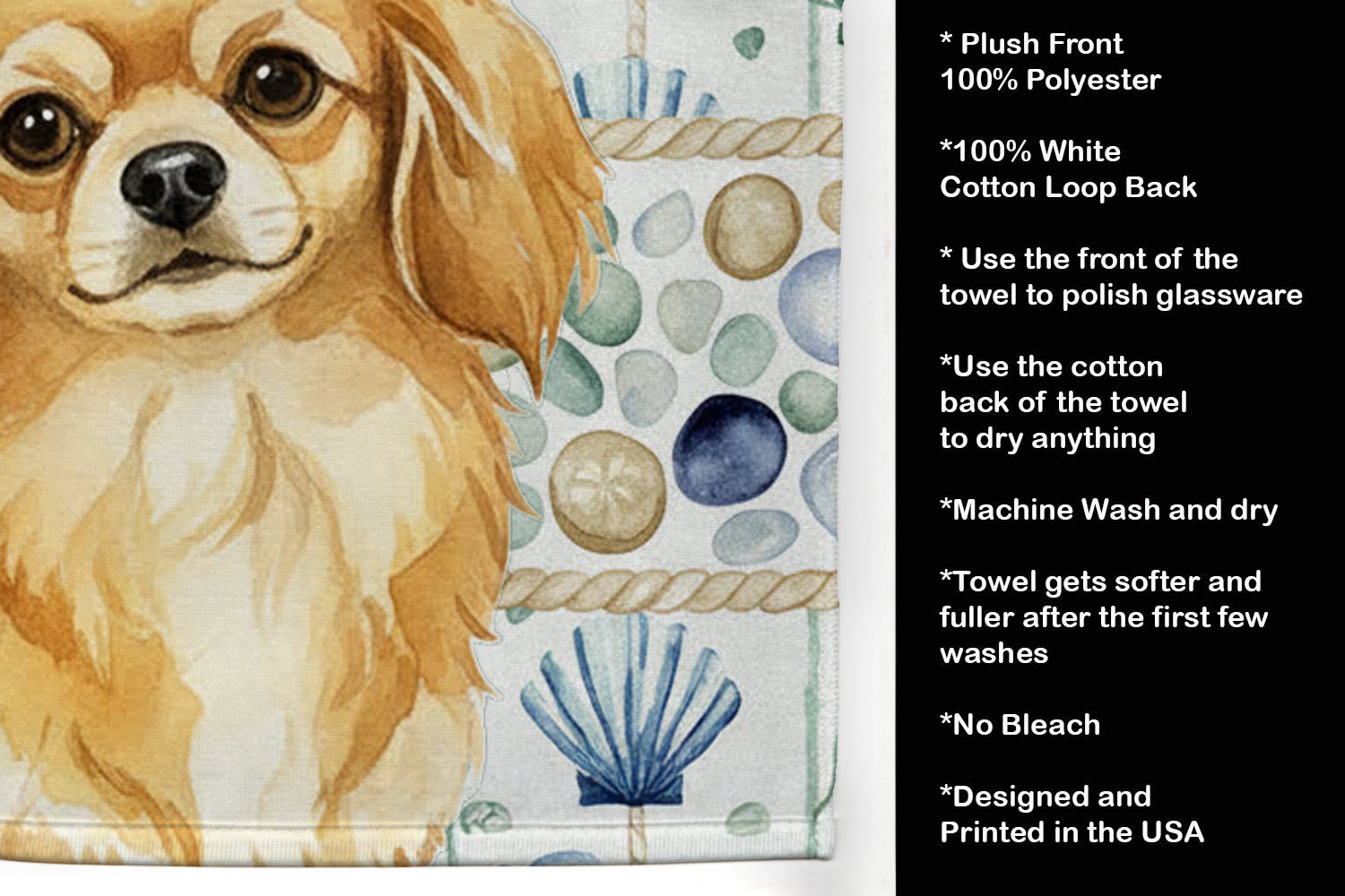 Gold Tibetan Spaniel Coastal Sea Glass Kitchen Towel Velour Plush Front and Cotton Loop Back Machine Washable