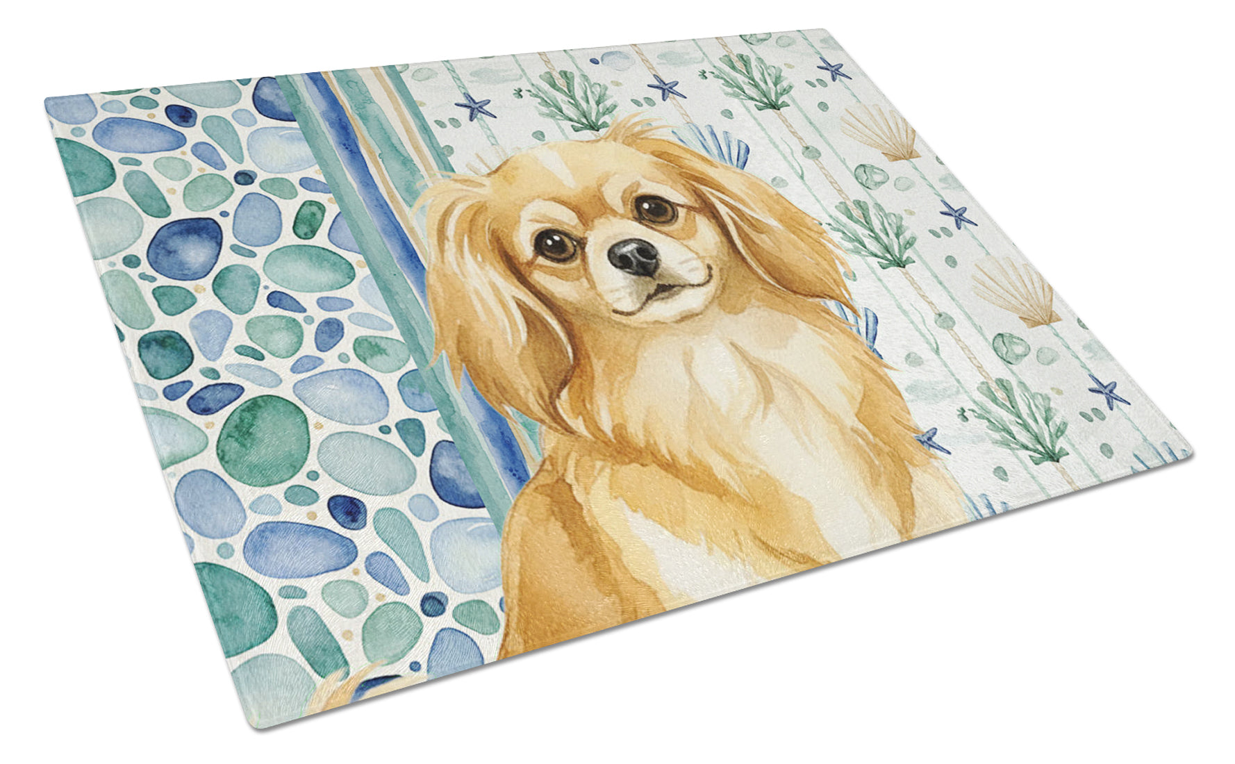 Gold Tibetan Spaniel Coastal Sea Glass Cutting Board Tempered Glass Kitchen Cutting Surface, Heat Resistant Chopping, Non-Slip Feet, Food Prep & Serving