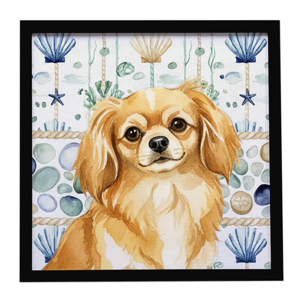 Gold Tibetan Spaniel Coastal Sea Glass Framed Metal Print Bathroom, Kitchen, Office, Home Decor Wall Art Ready to Hang, Square, 8X8