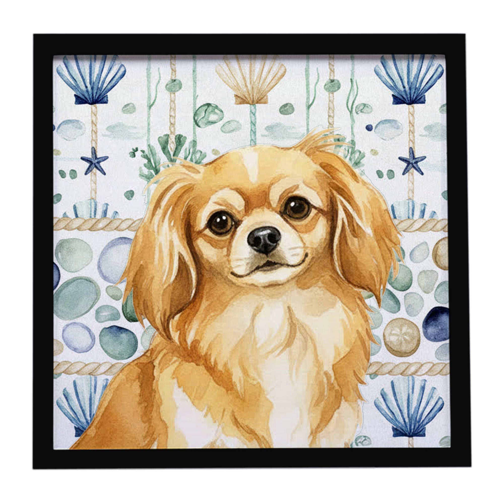 Gold Tibetan Spaniel Coastal Sea Glass Framed Metal Print Bathroom, Kitchen, Office, Home Decor Wall Art Ready to Hang, Square, 8X8
