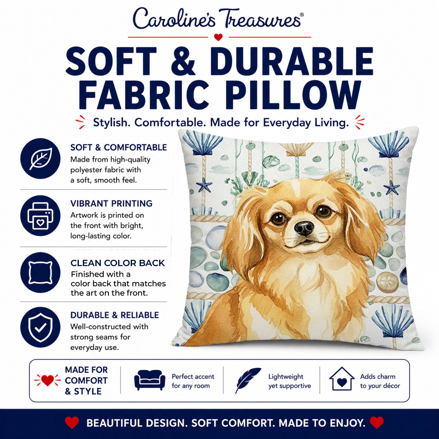 Gold Tibetan Spaniel Coastal Sea Glass Decorative Throw Pillow 18x18 Indoor Outdoor Accent Cushion, Fabric Cover with Insert for Sofa, Bed, Porch & Living Room