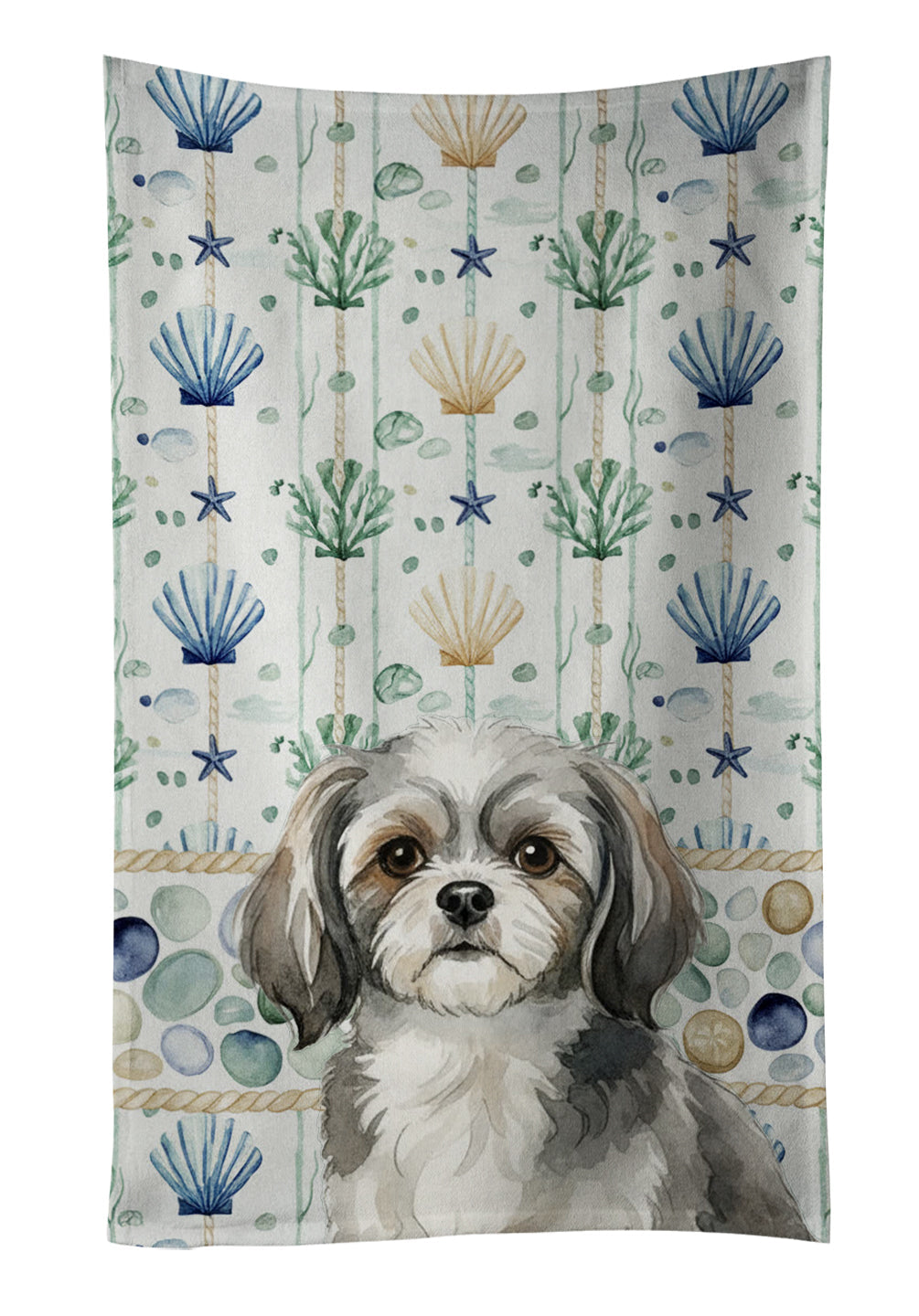 Grey and White Tibetan Spaniel Coastal Sea Glass Kitchen Towel Velour Plush Front and Cotton Loop Back Machine Washable