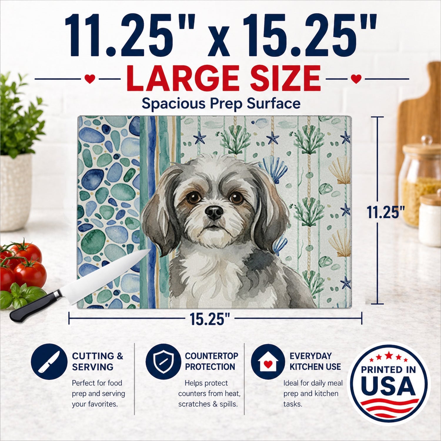 Grey and White Tibetan Spaniel Coastal Sea Glass Cutting Board Tempered Glass Kitchen Cutting Surface, Heat Resistant Chopping, Non-Slip Feet, Food Prep & Serving