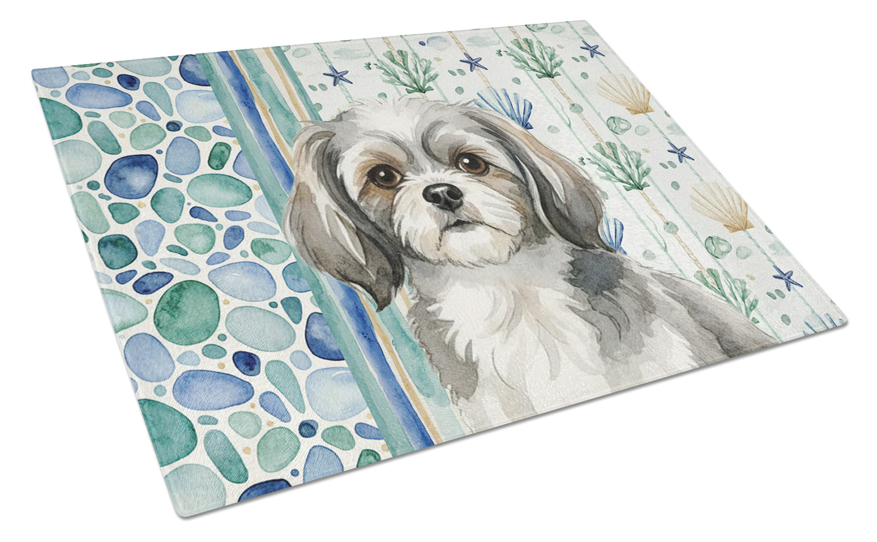 Grey and White Tibetan Spaniel Coastal Sea Glass Cutting Board Tempered Glass Kitchen Cutting Surface, Heat Resistant Chopping, Non-Slip Feet, Food Prep & Serving