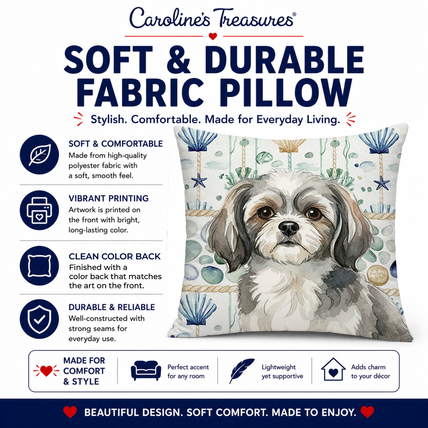 Grey and White Tibetan Spaniel Coastal Sea Glass Decorative Throw Pillow 14x14 Indoor Outdoor Accent Cushion, Fabric Cover with Insert for Sofa, Bed, Porch & Living Room