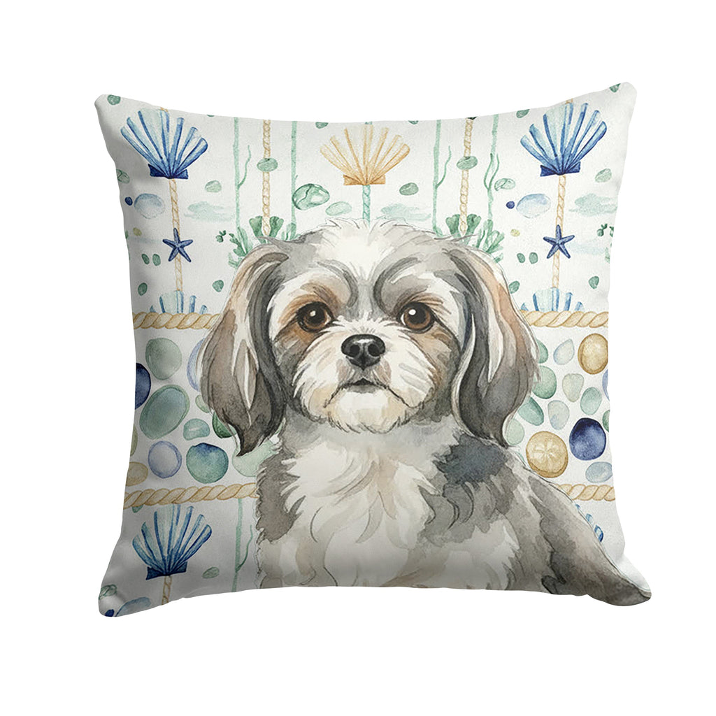 Grey and White Tibetan Spaniel Coastal Sea Glass Decorative Throw Pillow 14x14 Indoor Outdoor Accent Cushion, Fabric Cover with Insert for Sofa, Bed, Porch & Living Room