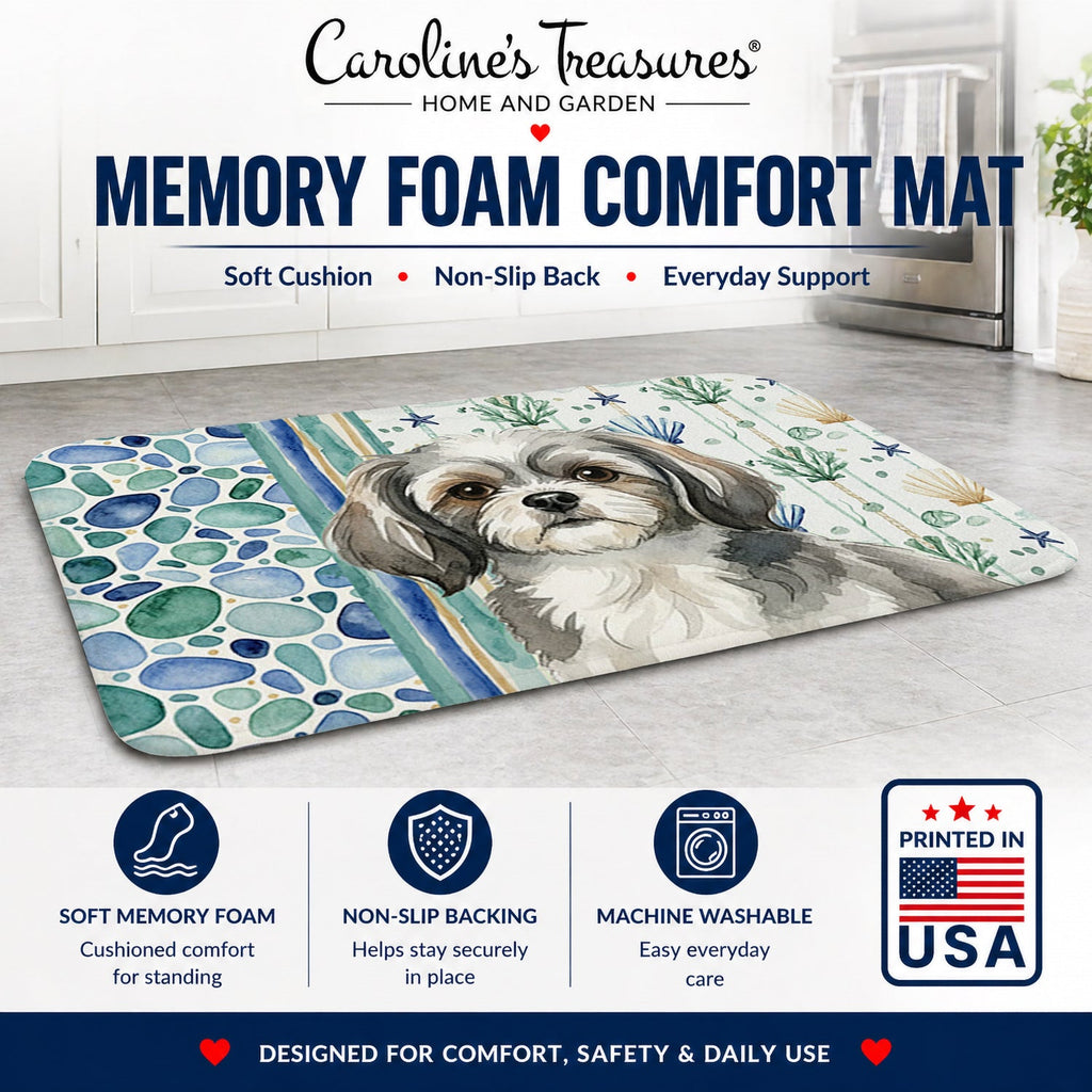 Grey and White Tibetan Spaniel Coastal Sea Glass Memory Foam Kitchen Mat Machine Washable Anti-Fatigue Cushion Comfort Bath or Kitchen Rug