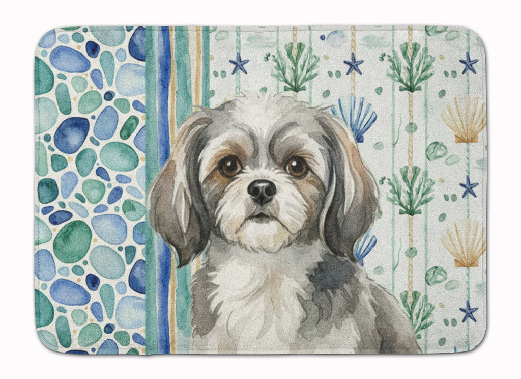 Grey and White Tibetan Spaniel Coastal Sea Glass Memory Foam Kitchen Mat Machine Washable Anti-Fatigue Cushion Comfort Bath or Kitchen Rug