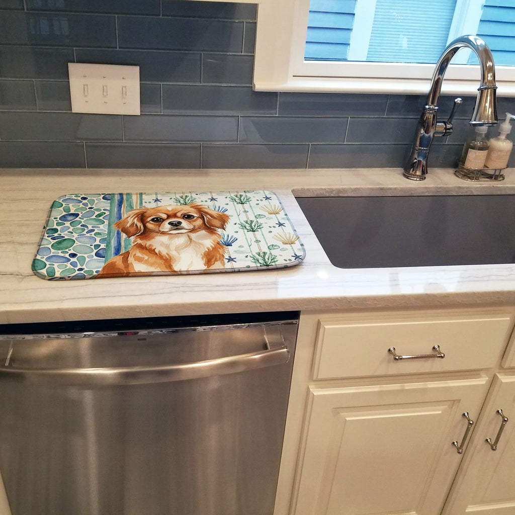 Red Tibetan Spaniel Coastal Sea Glass Dish Drying Mat Absorbent Dish Drying Mat Pad for Kitchen Counter Dish Drainer Mat for Countertop, 14 x 21", Multicolor