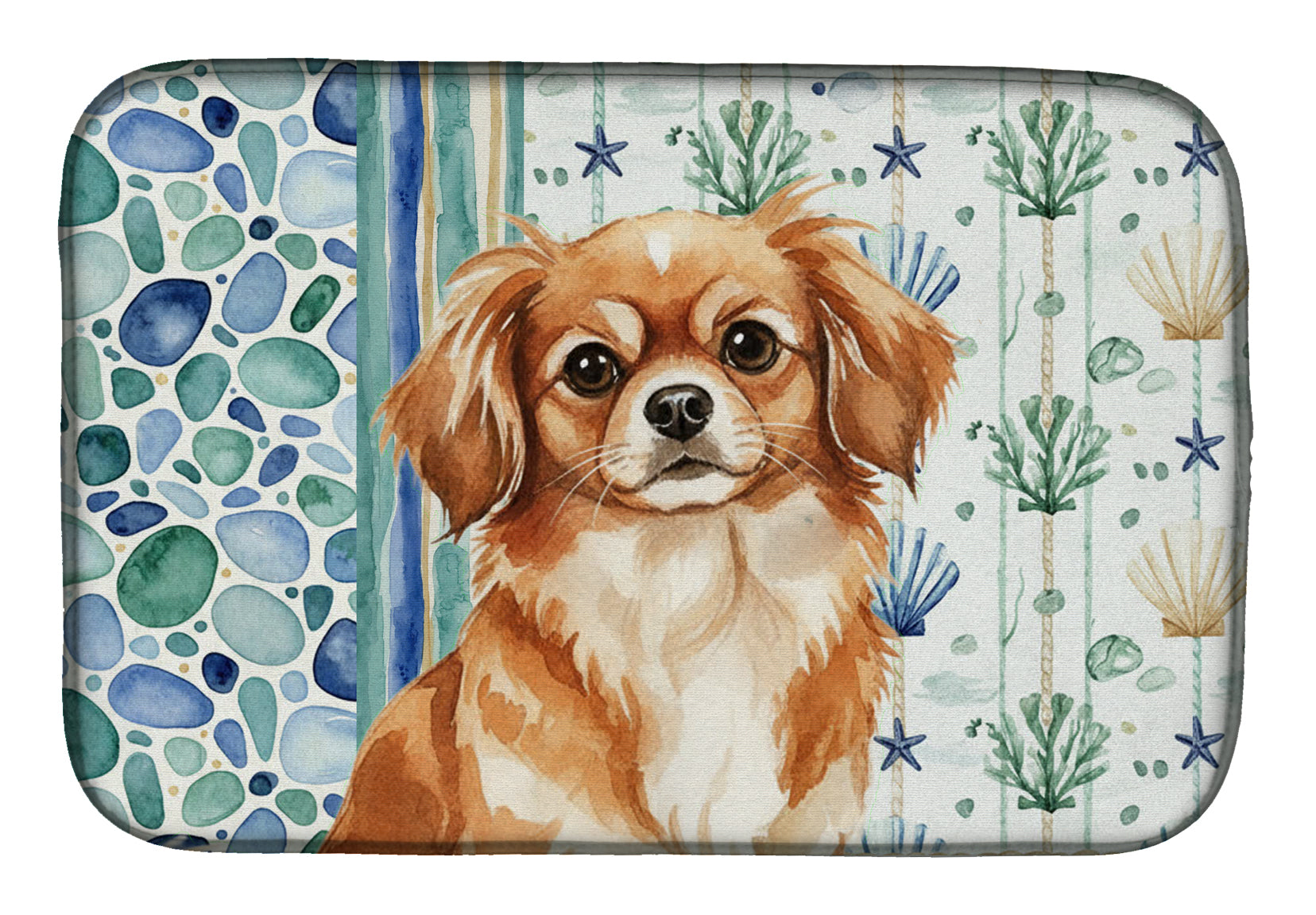 Red Tibetan Spaniel Coastal Sea Glass Dish Drying Mat Absorbent Dish Drying Mat Pad for Kitchen Counter Dish Drainer Mat for Countertop, 14 x 21", Multicolor