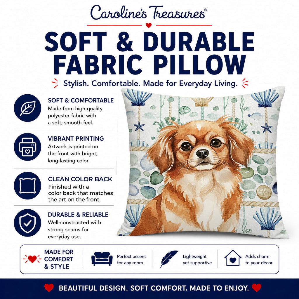 Red Tibetan Spaniel Coastal Sea Glass Decorative Throw Pillow 14x14 Indoor Outdoor Accent Cushion, Fabric Cover with Insert for Sofa, Bed, Porch & Living Room