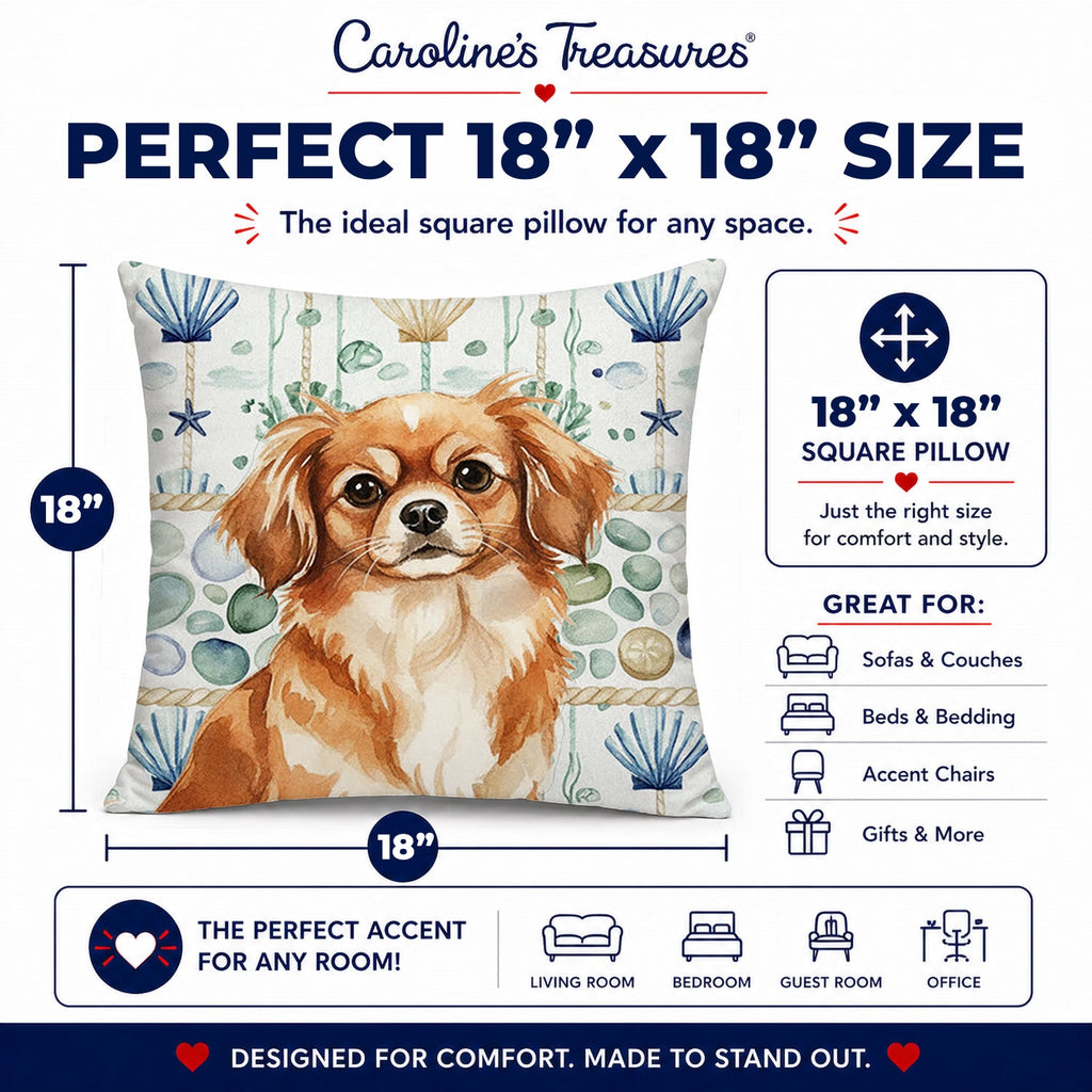 Red Tibetan Spaniel Coastal Sea Glass Decorative Throw Pillow 18x18 Indoor Outdoor Accent Cushion, Fabric Cover with Insert for Sofa, Bed, Porch & Living Room