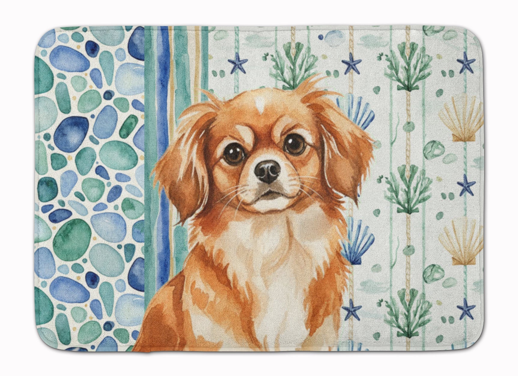 Red Tibetan Spaniel Coastal Sea Glass Memory Foam Kitchen Mat Machine Washable Anti-Fatigue Cushion Comfort Bath or Kitchen Rug