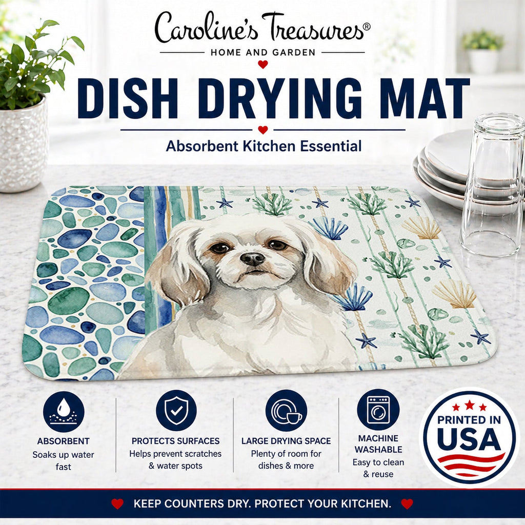 White Tibetan Spaniel Coastal Sea Glass Dish Drying Mat Absorbent Dish Drying Mat Pad for Kitchen Counter Dish Drainer Mat for Countertop, 14 x 21", Multicolor