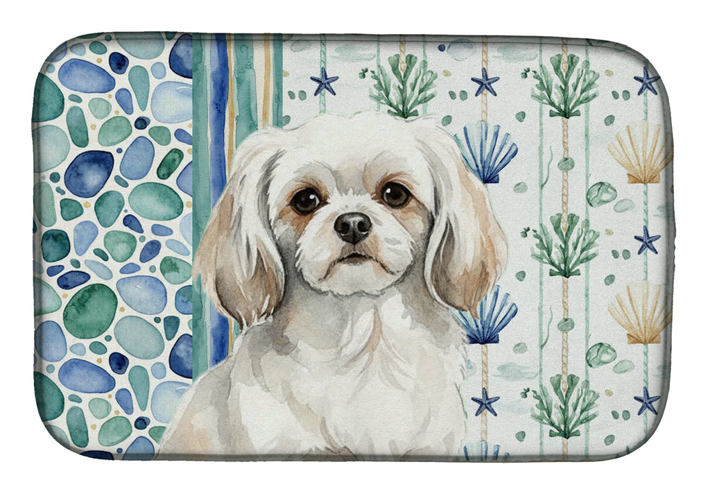 White Tibetan Spaniel Coastal Sea Glass Dish Drying Mat Absorbent Dish Drying Mat Pad for Kitchen Counter Dish Drainer Mat for Countertop, 14 x 21", Multicolor