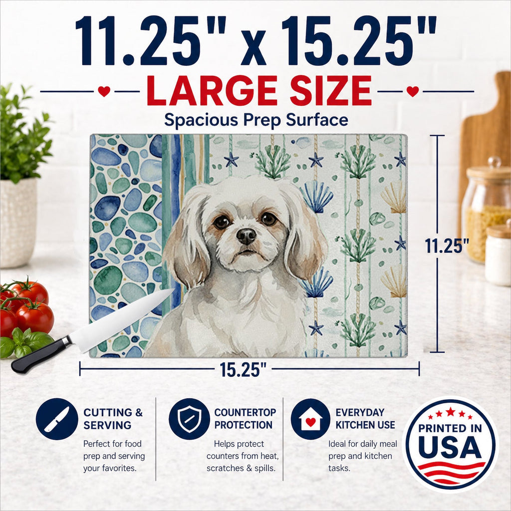 White Tibetan Spaniel Coastal Sea Glass Cutting Board Tempered Glass Kitchen Cutting Surface, Heat Resistant Chopping, Non-Slip Feet, Food Prep & Serving