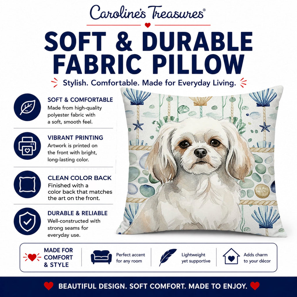White Tibetan Spaniel Coastal Sea Glass Decorative Throw Pillow 14x14 Indoor Outdoor Accent Cushion, Fabric Cover with Insert for Sofa, Bed, Porch & Living Room