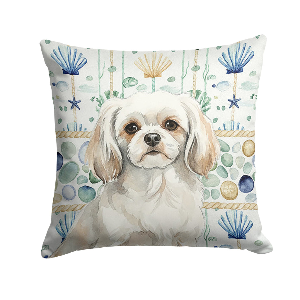 White Tibetan Spaniel Coastal Sea Glass Decorative Throw Pillow 14x14 Indoor Outdoor Accent Cushion, Fabric Cover with Insert for Sofa, Bed, Porch & Living Room