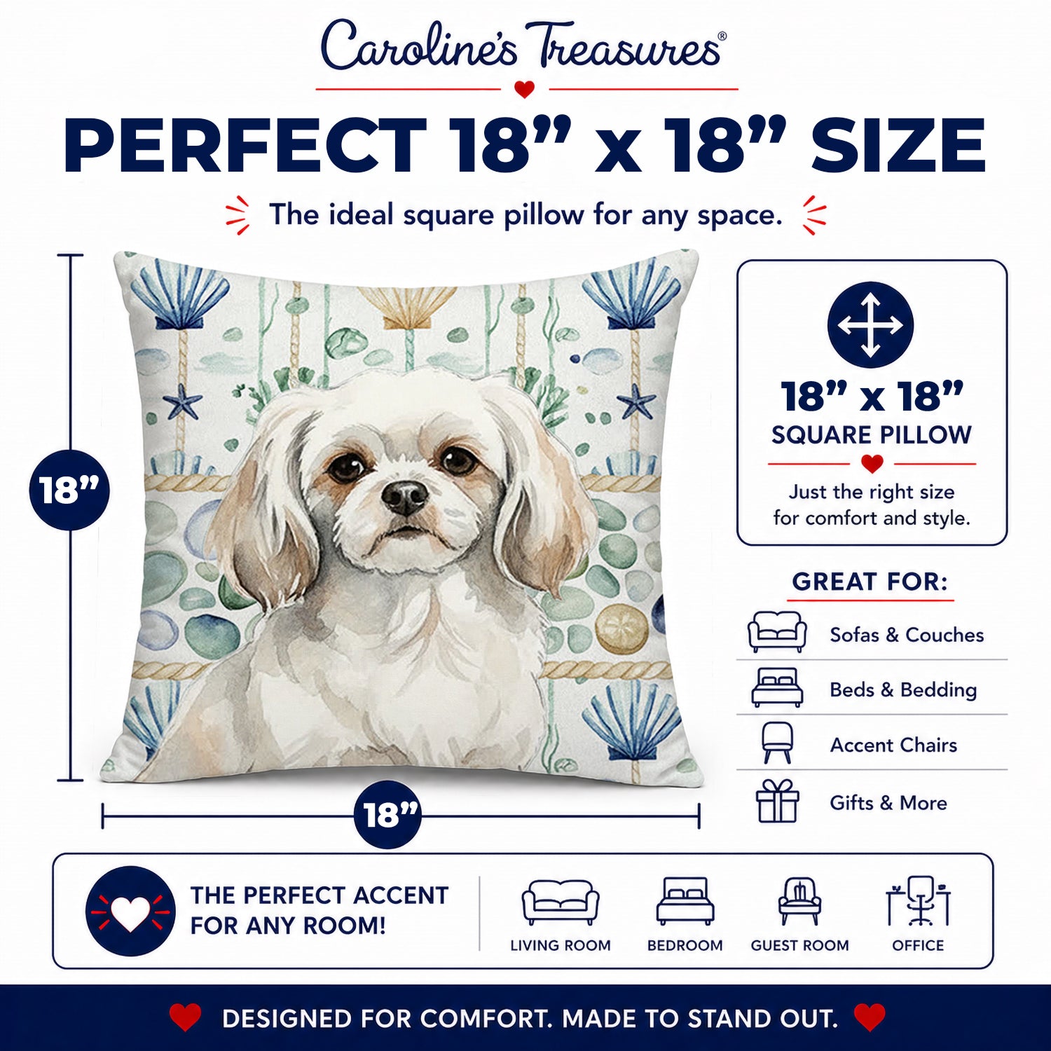 White Tibetan Spaniel Coastal Sea Glass Decorative Throw Pillow 18x18 Indoor Outdoor Accent Cushion, Fabric Cover with Insert for Sofa, Bed, Porch & Living Room