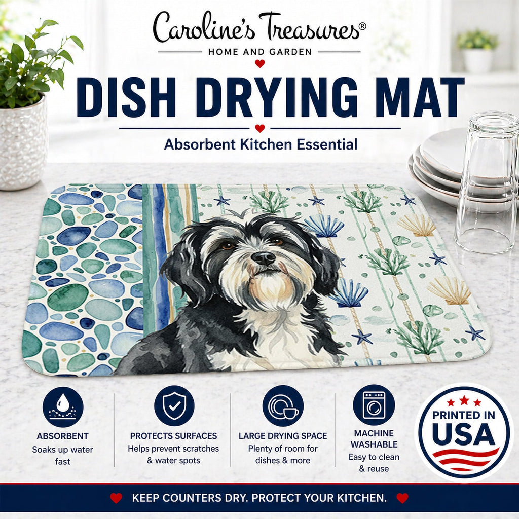 Black and White Tibetan Terrier Coastal Sea Glass Dish Drying Mat Absorbent Dish Drying Mat Pad for Kitchen Counter Dish Drainer Mat for Countertop, 14 x 21", Multicolor
