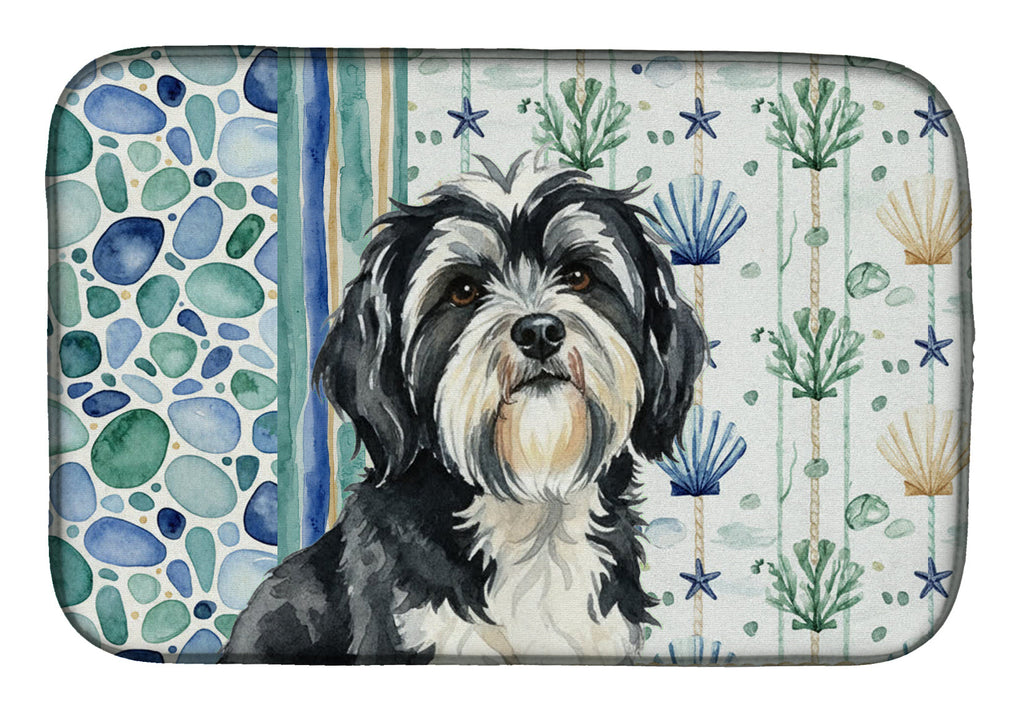 Black and White Tibetan Terrier Coastal Sea Glass Dish Drying Mat Absorbent Dish Drying Mat Pad for Kitchen Counter Dish Drainer Mat for Countertop, 14 x 21", Multicolor