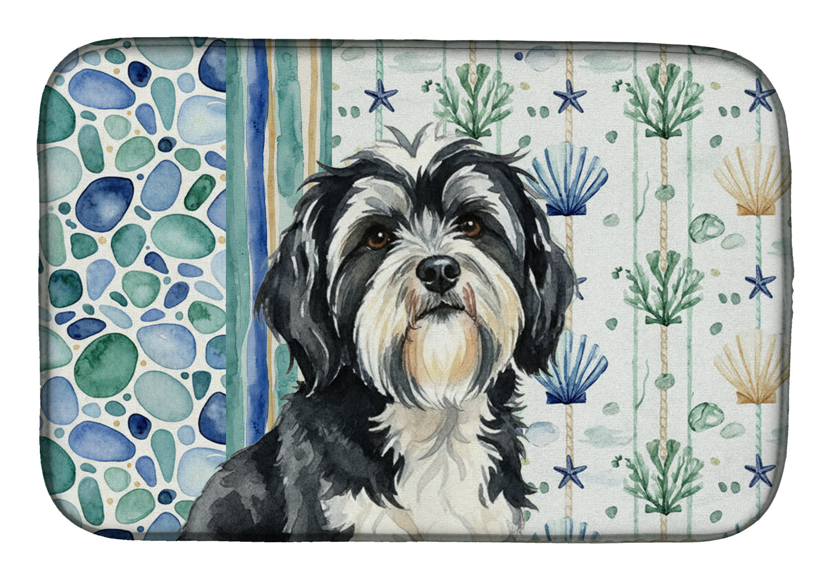 Black and White Tibetan Terrier Coastal Sea Glass Dish Drying Mat Absorbent Dish Drying Mat Pad for Kitchen Counter Dish Drainer Mat for Countertop, 14 x 21", Multicolor