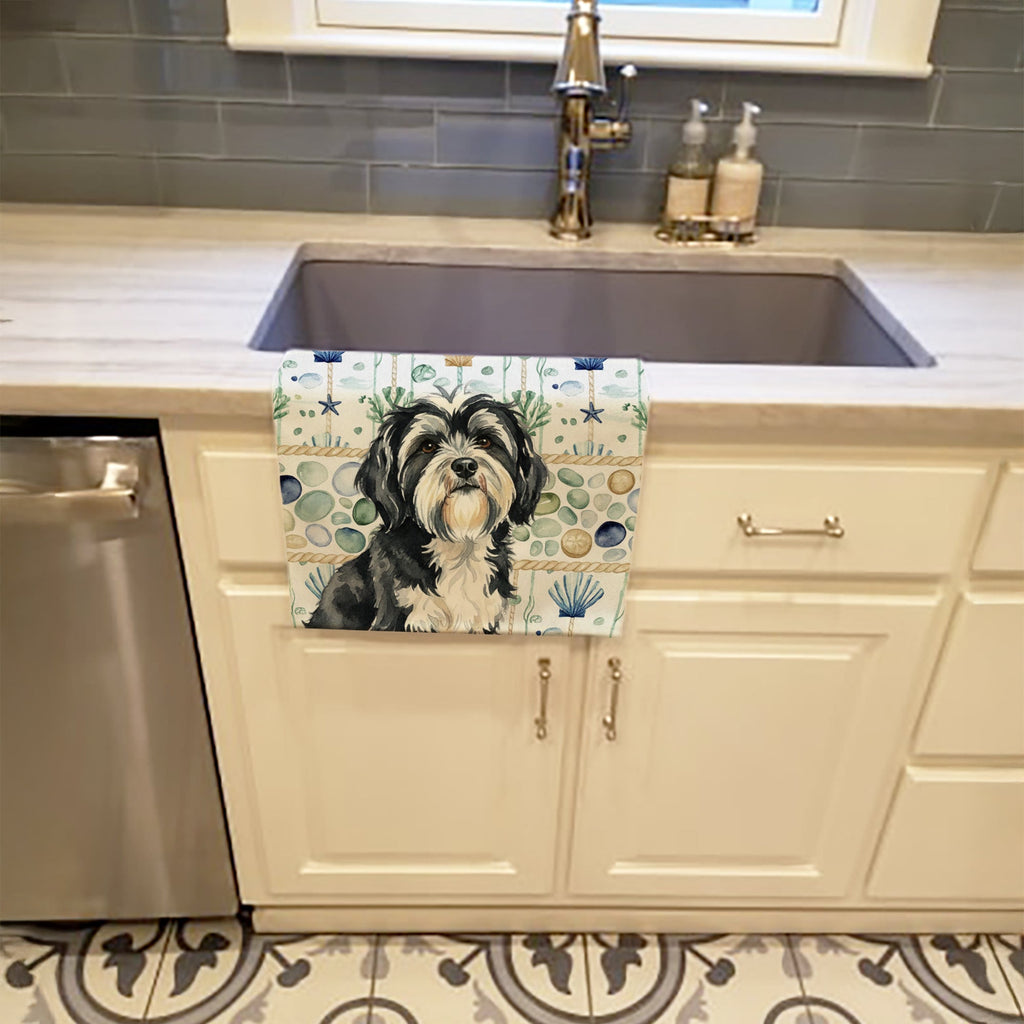 Black and White Tibetan Terrier Coastal Sea Glass Kitchen Towel Velour Plush Front and Cotton Loop Back Machine Washable