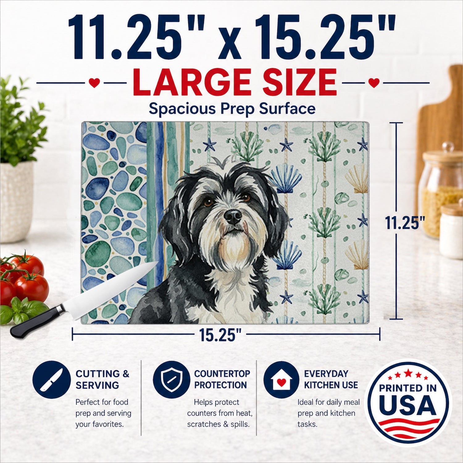 Black and White Tibetan Terrier Coastal Sea Glass Cutting Board Tempered Glass Kitchen Cutting Surface, Heat Resistant Chopping, Non-Slip Feet, Food Prep & Serving