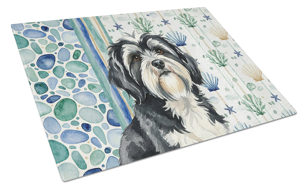 Black and White Tibetan Terrier Coastal Sea Glass Cutting Board Tempered Glass Kitchen Cutting Surface, Heat Resistant Chopping, Non-Slip Feet, Food Prep & Serving