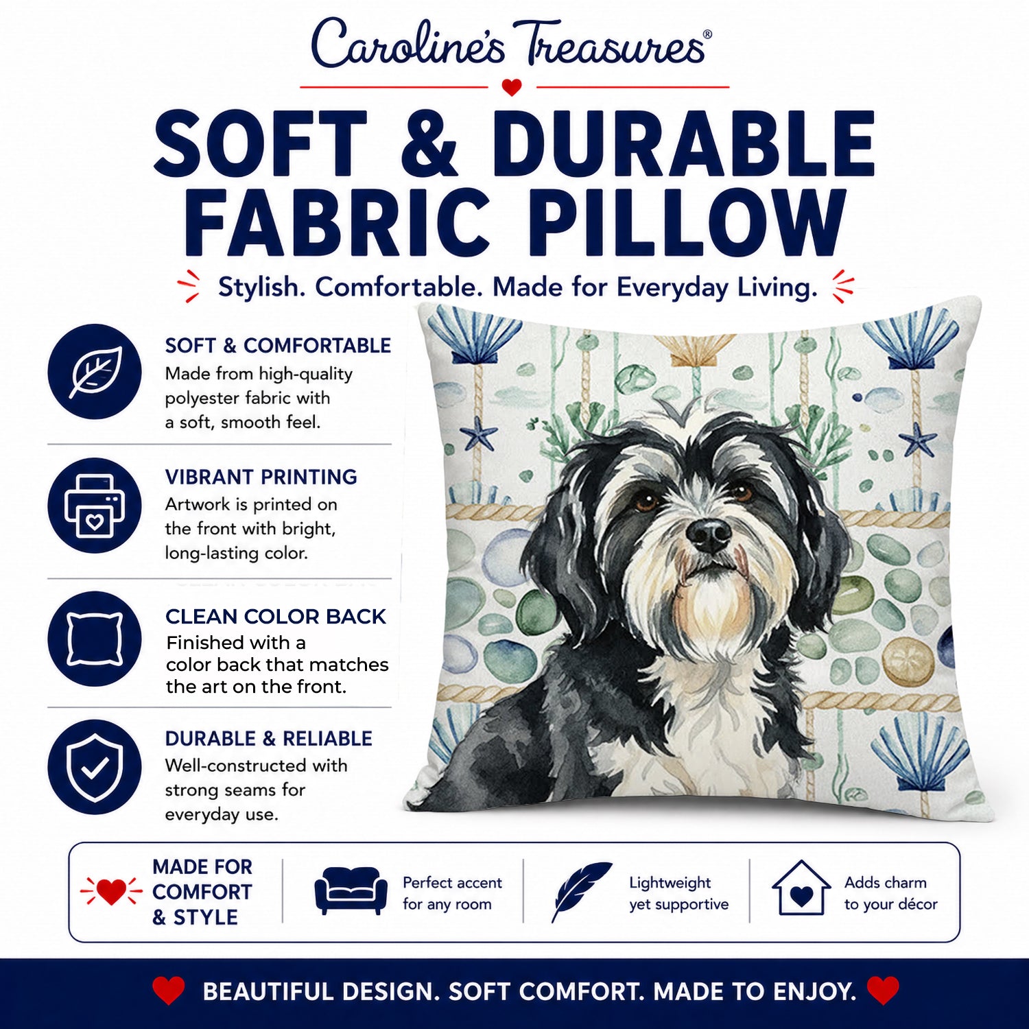 Black and White Tibetan Terrier Coastal Sea Glass Decorative Throw Pillow 14x14 Indoor Outdoor Accent Cushion, Fabric Cover with Insert for Sofa, Bed, Porch & Living Room
