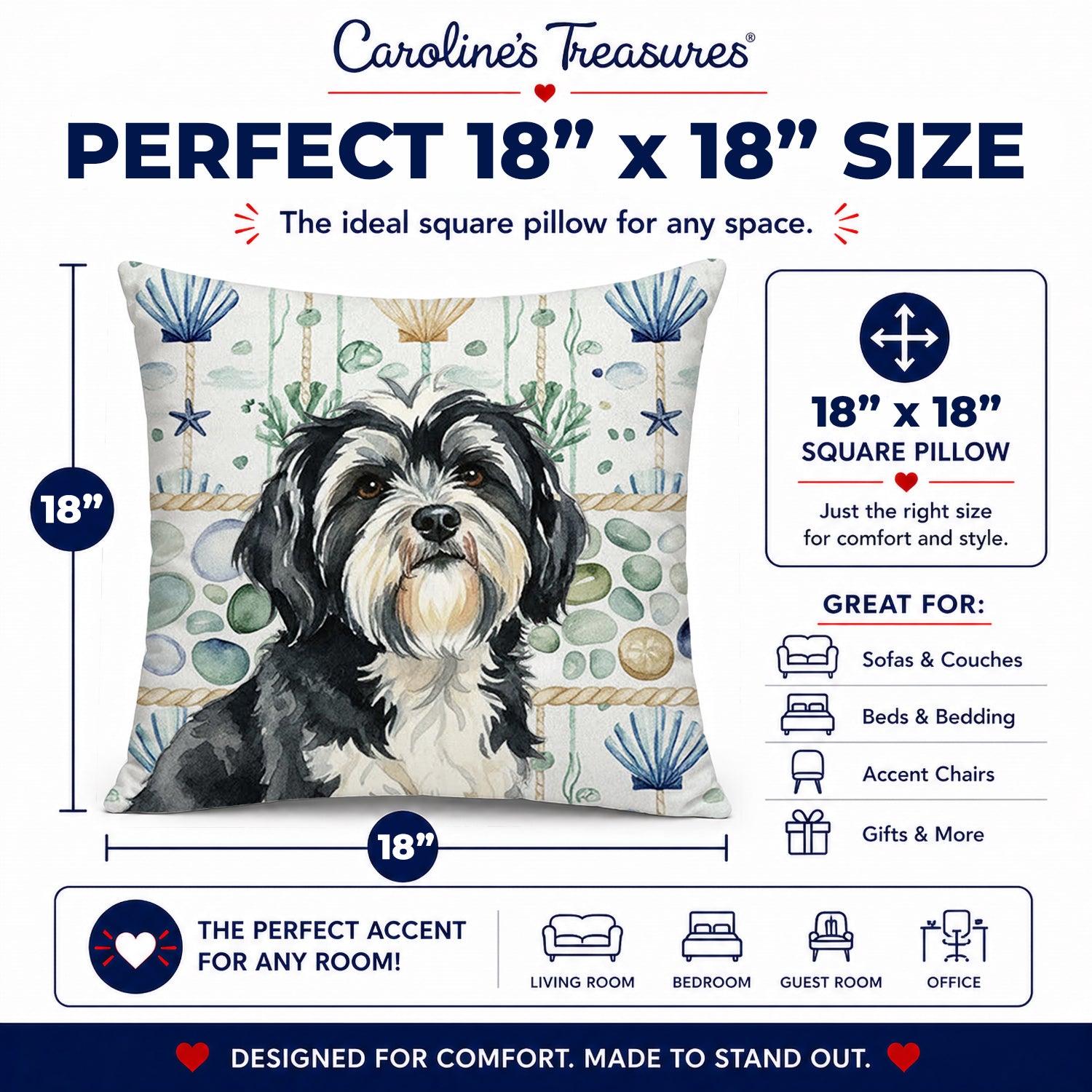 Black and White Tibetan Terrier Coastal Sea Glass Decorative Throw Pillow 18x18 Indoor Outdoor Accent Cushion, Fabric Cover with Insert for Sofa, Bed, Porch & Living Room