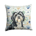 Black and White Tibetan Terrier Coastal Sea Glass Decorative Throw Pillow 18x18 Indoor Outdoor Accent Cushion, Fabric Cover with Insert for Sofa, Bed, Porch & Living Room