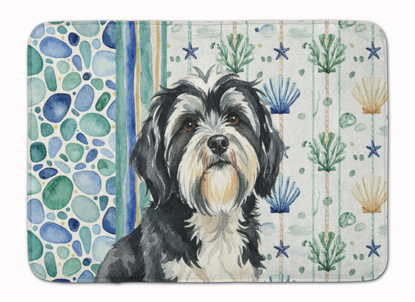 Black and White Tibetan Terrier Coastal Sea Glass Memory Foam Kitchen Mat Machine Washable Anti-Fatigue Cushion Comfort Bath or Kitchen Rug