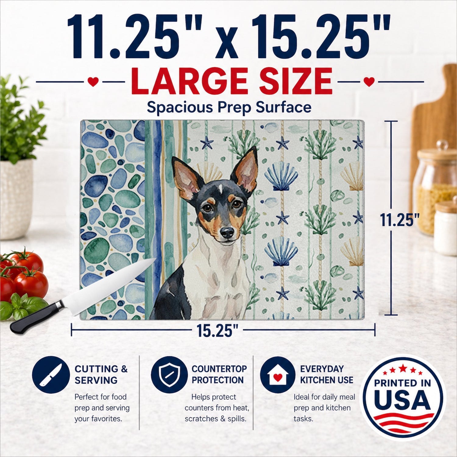 Toy Fox Terrier Coastal Sea Glass Cutting Board Tempered Glass Kitchen Cutting Surface, Heat Resistant Chopping, Non-Slip Feet, Food Prep & Serving