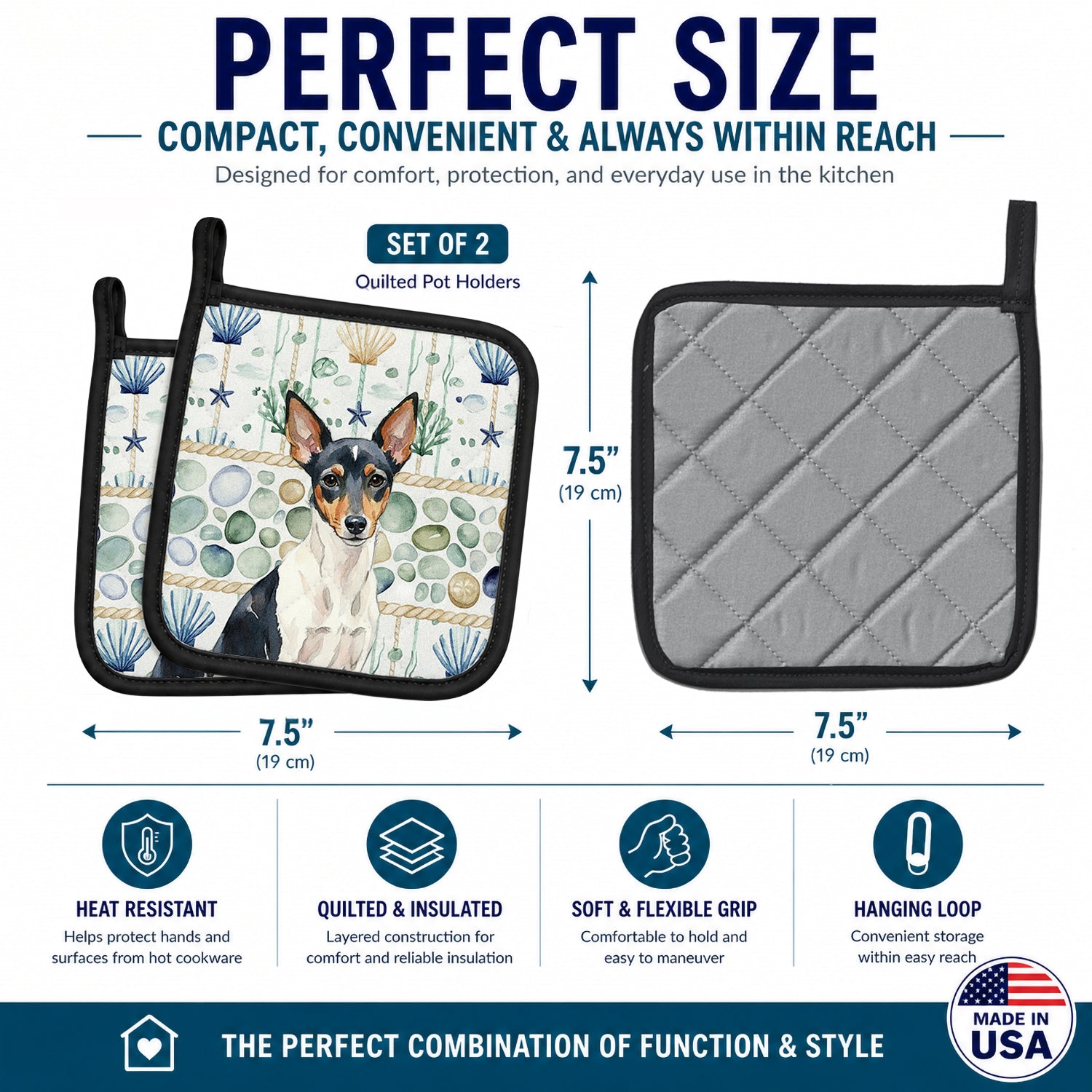 Toy Fox Terrier Coastal Sea Glass Pot Holder Set of 2 Heat Resistant Quilted Hot Pads 7.5 x 7.5 Inch, Insulated Kitchen Trivets for Cooking & Baking