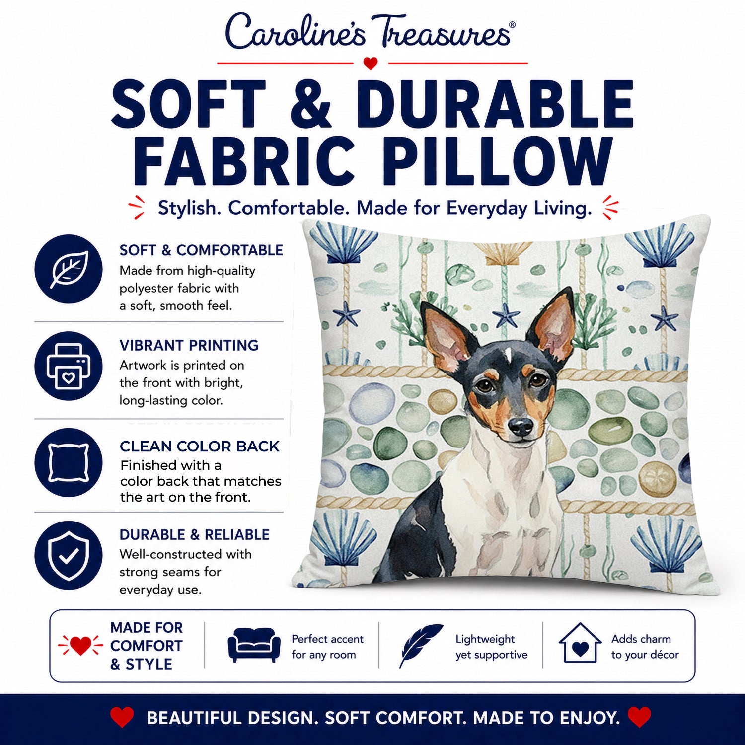 Toy Fox Terrier Coastal Sea Glass Decorative Throw Pillow 14x14 Indoor Outdoor Accent Cushion, Fabric Cover with Insert for Sofa, Bed, Porch & Living Room