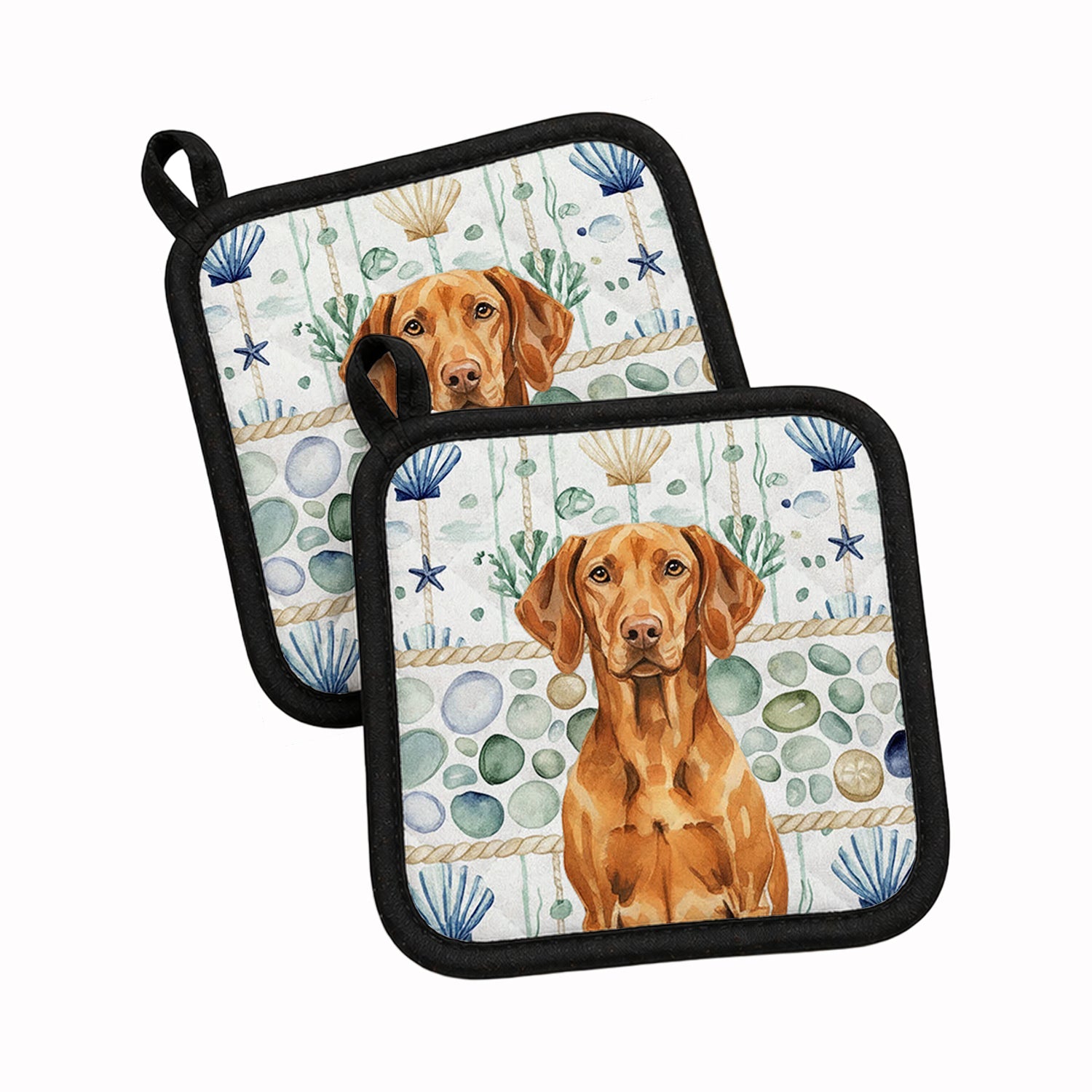 Vizsla Coastal Sea Glass Pot Holder Set of 2 Heat Resistant Quilted Hot Pads 7.5 x 7.5 Inch, Insulated Kitchen Trivets for Cooking & Baking