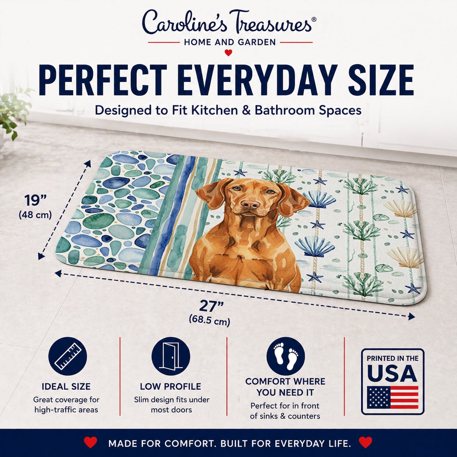 Vizsla Coastal Sea Glass Memory Foam Kitchen Mat Machine Washable Anti-Fatigue Cushion Comfort Bath or Kitchen Rug