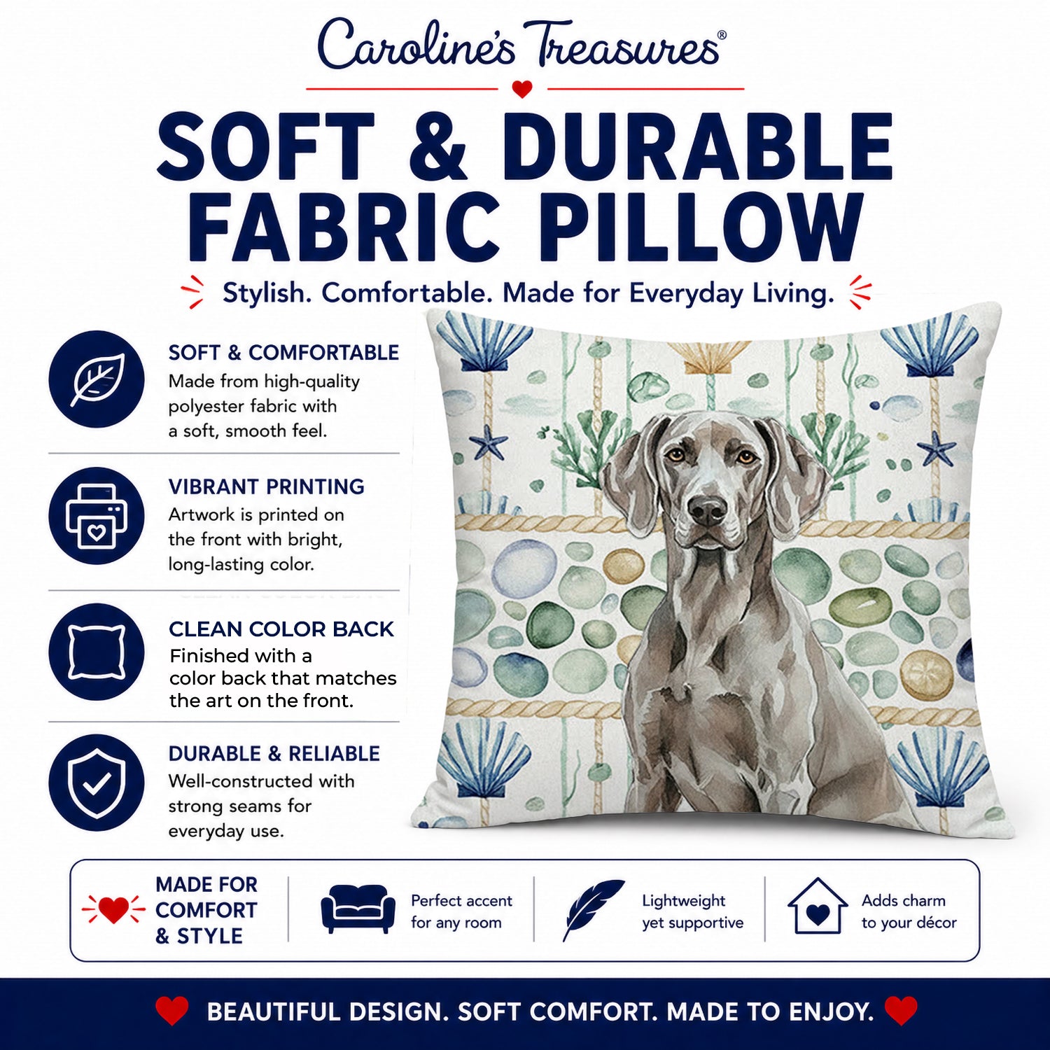 Weimaraner Coastal Sea Glass Decorative Throw Pillow 14x14 Indoor Outdoor Accent Cushion, Fabric Cover with Insert for Sofa, Bed, Porch & Living Room