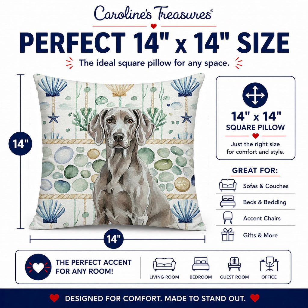 Weimaraner Coastal Sea Glass Decorative Throw Pillow 14x14 Indoor Outdoor Accent Cushion, Fabric Cover with Insert for Sofa, Bed, Porch & Living Room