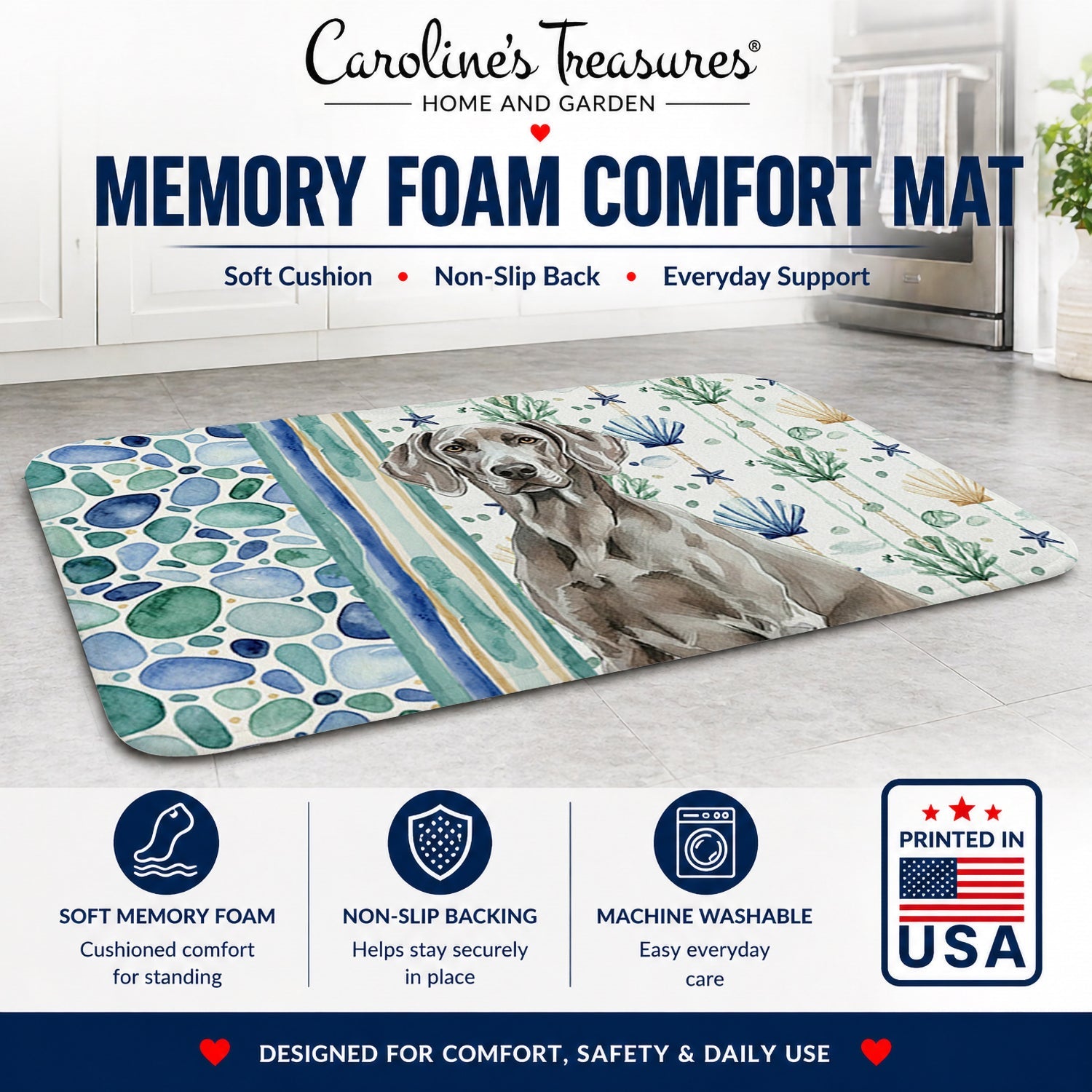 Weimaraner Coastal Sea Glass Memory Foam Kitchen Mat Machine Washable Anti-Fatigue Cushion Comfort Bath or Kitchen Rug
