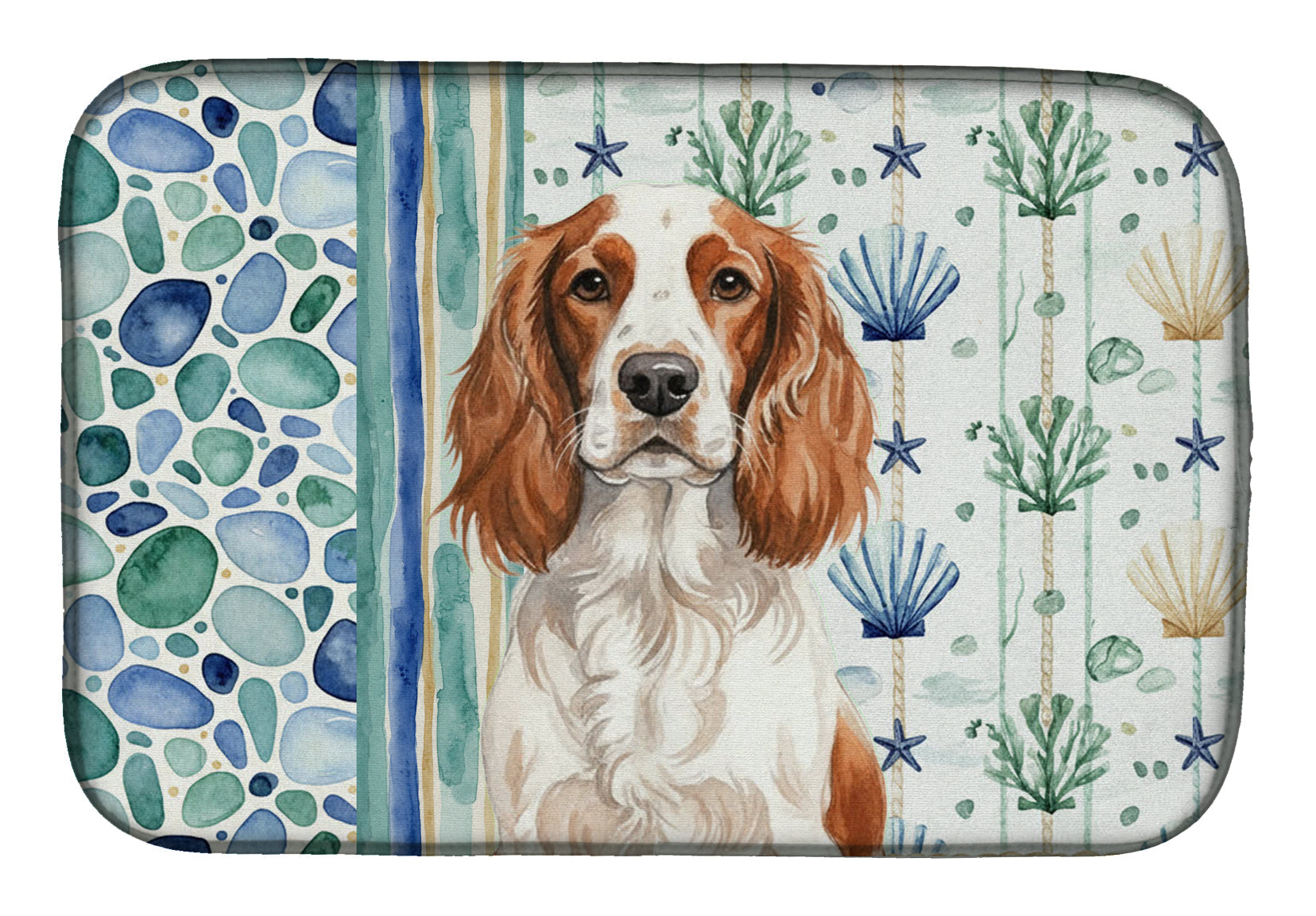 Welsh Springer Spaniel Coastal Sea Glass Dish Drying Mat Absorbent Dish Drying Mat Pad for Kitchen Counter Dish Drainer Mat for Countertop, 14 x 21", Multicolor